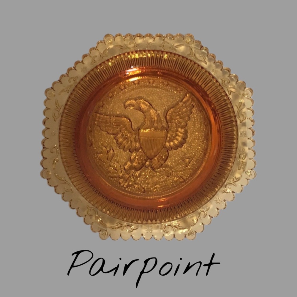 Vintage PAIRPOINT Amber Glass Cup Plate American Eagle Hexagon Scallop Edges
